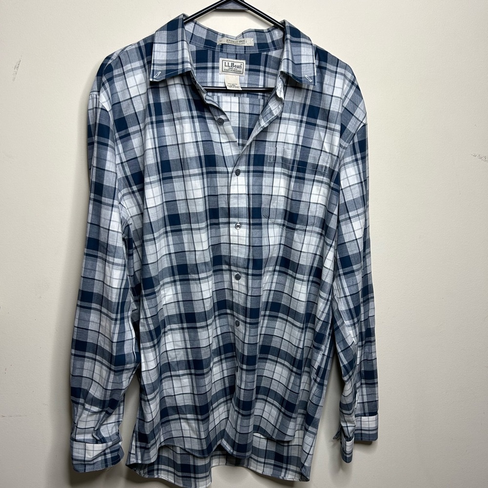 L.L. Bean Plaid Button Down Shirt Casual Blue Wrinkle Free Regular Fit Cotton